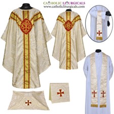 Nueva estola casulla vestimenta gótica Gold Clero y juego de masa de 5 piezas, casula, casel