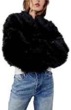 FREE PEOPLE All Night Faux Fur Jacket in Black Size XL