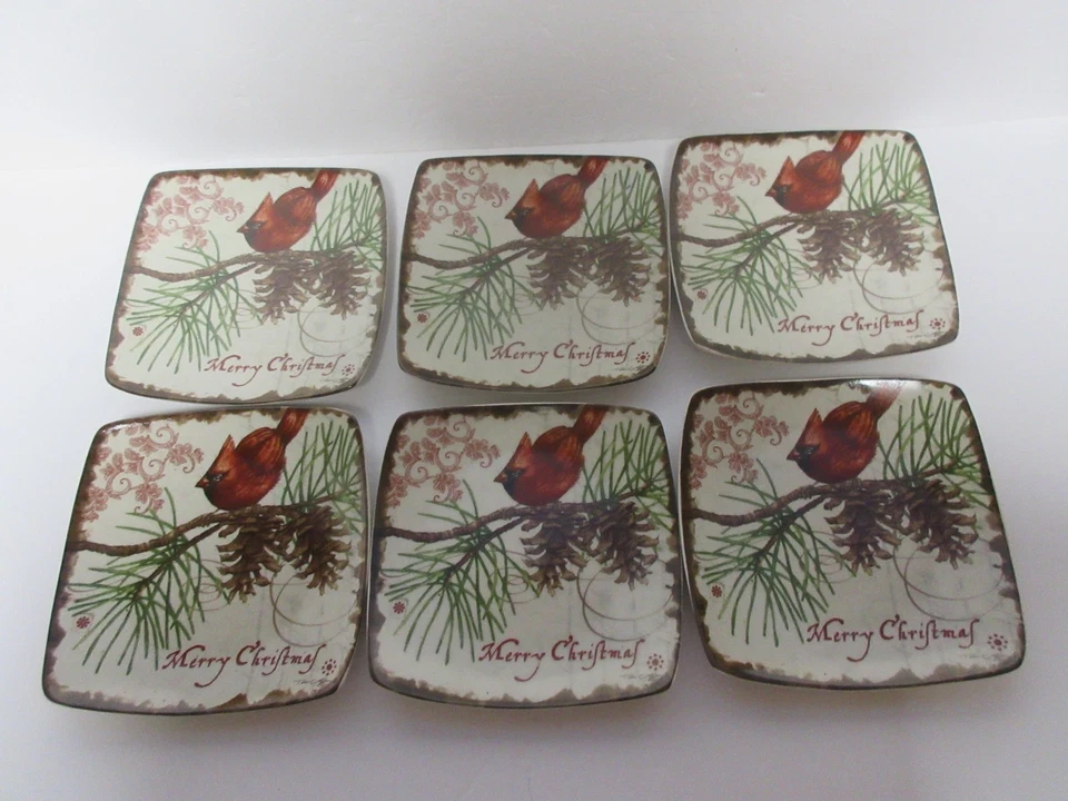 Carson SET OF 6-MERRY CHRISTMAS Cardinal on branch Dessert Salad Plates 6.5" - Image 4 of 4