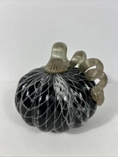 Hand Blown Swirled Art Glass Pumpkin With Applied Glittered Grey Stem