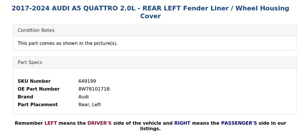 AUDI A5 QUATTRO 2017-2024 2,0 L - forro de guardabarros trasero izquierdo/cubierta de carcasa de rueda Foto 4 de 4