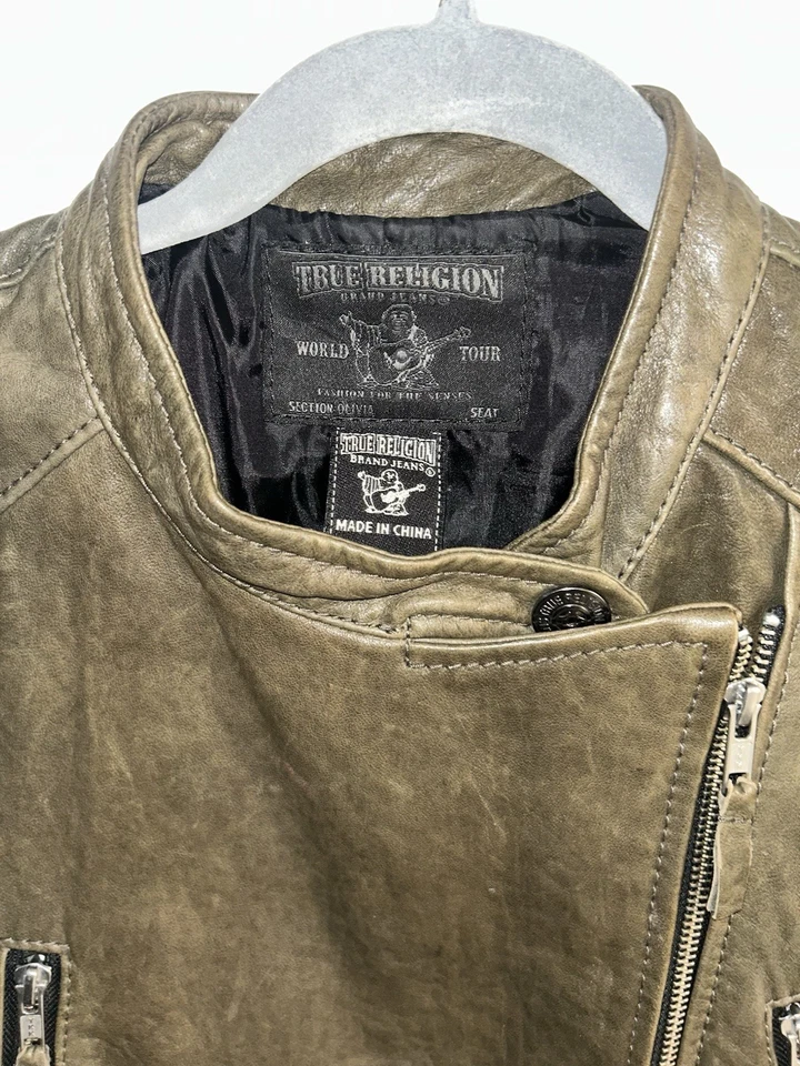 True Religion Chaqueta Cuero Cordero Genuino Mujer’s Talla L Verde Oliva Foto 4 de 4