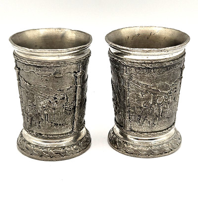 2 German Pewter Cup Artina SKS Zinn 95% Detailed Relief Scene 5.5 cm