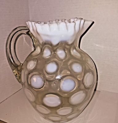 Vintage FENTON LG Wright White Opalescent Coin Dot Ruffled Edge Pitcher ...