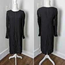 Elizabeth and James Black Gold Trim Long Sleeve Silk Blend Midi Dress Size 6
