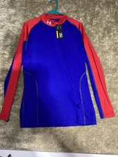 Under Armour Cold Gear Compression Shirt Mens L Blue/Red Mock Neck Base Layer