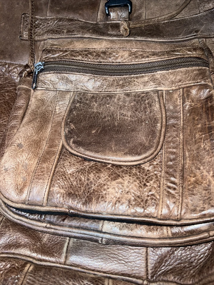 Mochila de cuero genuino vintage hecha en México patchwork Cartera Mochila Bolso Foto 3 de 4