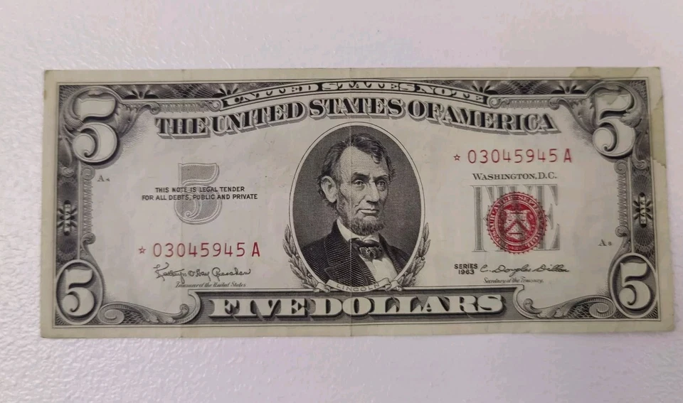 1963 five dollar red seal star note 1957 silver seal one dollar bill 1977 $1 - Image 3 of 4