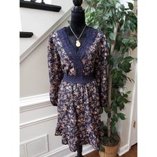 SheIn Curve Sheath Dress Womens 2XL Blue Floral Long Sleeve V Neck Lace Trim