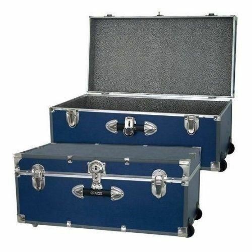 Blue Storage Trunk Wheeled Wooden Footlocker Chest Luggage College Dorm Box 30"