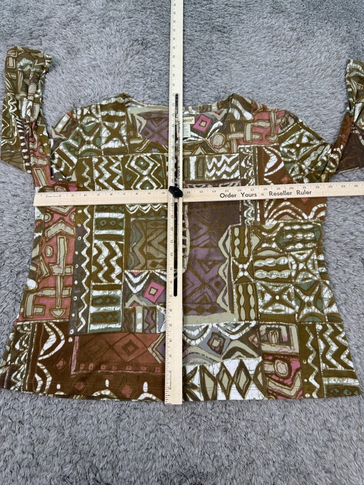 Blusa Travelsmith Top Mujer XL Marrón Geométrica Azteca Tribal Manga 3/4 EE. UU. De Colección Foto 3 de 4