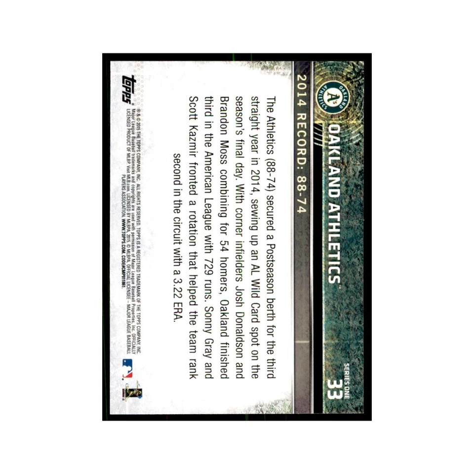 Oakland Athletics 2015 Topps #33 Baseball Cards Baseball Card NM - Image 2 of 3