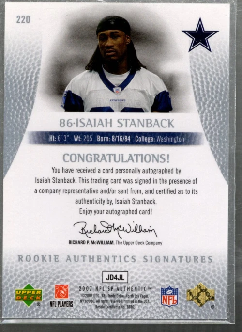B0364- 2007 SP Authentic #220 Isaiah Stanback RC Auto /1199 - NM-MT - Image 2 of 2