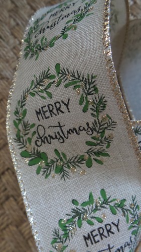 Ribbon Merry Christmas Wreath wired edge Gold Trim Burlap Look 2.5" Wide 5 Yds - Picture 3 of 4