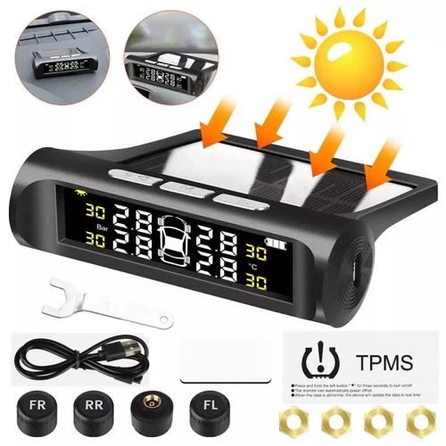 Sistema di controllo pressione pneumatici solare LCD wireless auto TPMS + 4 sensori esterni - Foto 1 di 8