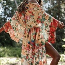 New Retro Vintage Floral Sheer Chiffon Kimono Gypsy Robe Duster Xl Red Teal
