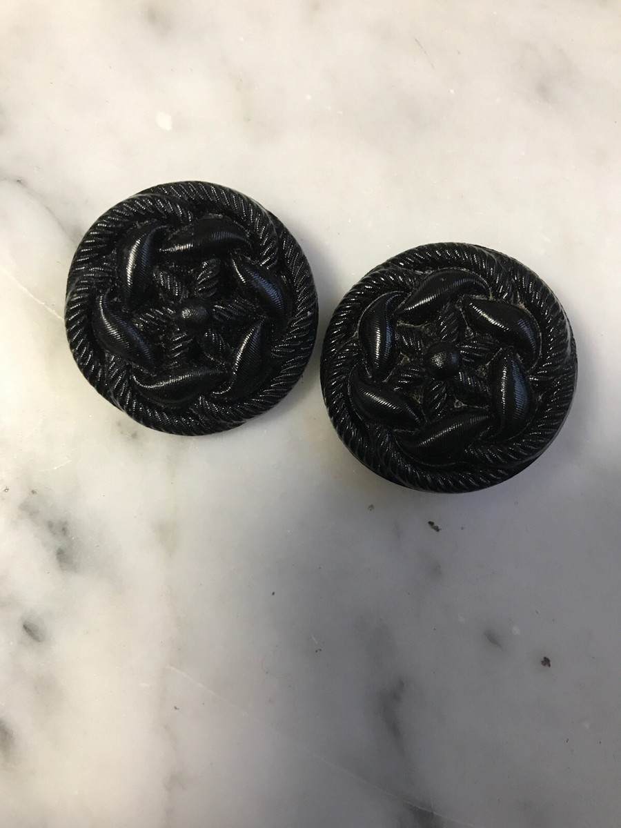 19th CENTURY Black JET GLASS 32mm BUTTONs Rope Knot ANTIQUE