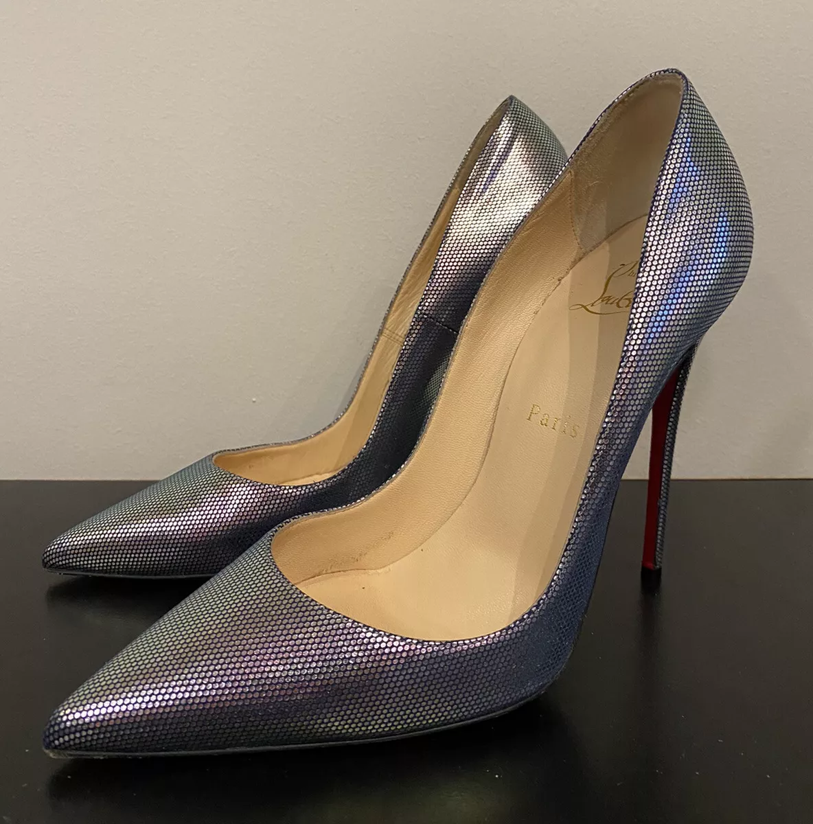 CHRISTIAN LOUBOUTIN SO KATE 120 Iridescent Disco PUMPS Sz 38.5 / 8.5 STUNNING!