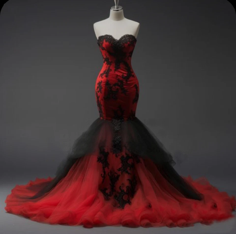 Vestidos de novia de sirena gótica negro rojo apliques de encaje vestido de novia fuera del hombro Foto 2 de 4