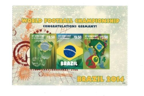 St. Vincent 2014 - World Cup Football, Brazil - Imperf - Sheet of 3 Stamps - MNH - Afbeelding 1 van 1