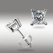 1.0 Ct Princess Cut GRA MOISSANITE Stud Earrings 14K White Gold Screw back Gift