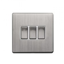 Brushed Stainless Steel Light Switch 10A | 3 Gang 2 Way | Screwless Faceplate