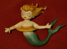 Vintage Lefton Ceramic Mermaid Wall Plaque Hula Girl Brown & Red Hair MCM