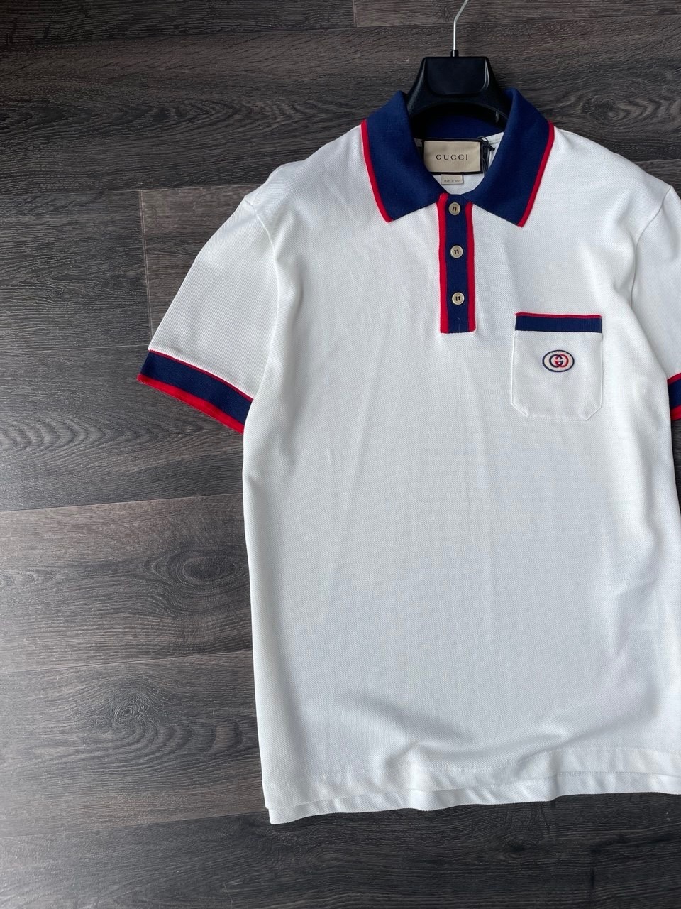Gucci Men's White Cotton Pique Polo Shirt Web Collar Interlocking G Patch Size L image 4