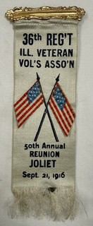 U.S. Civil War 36th REGT. Illinois Veteran GAR 1916 50th Reunion Joliet Ribbon