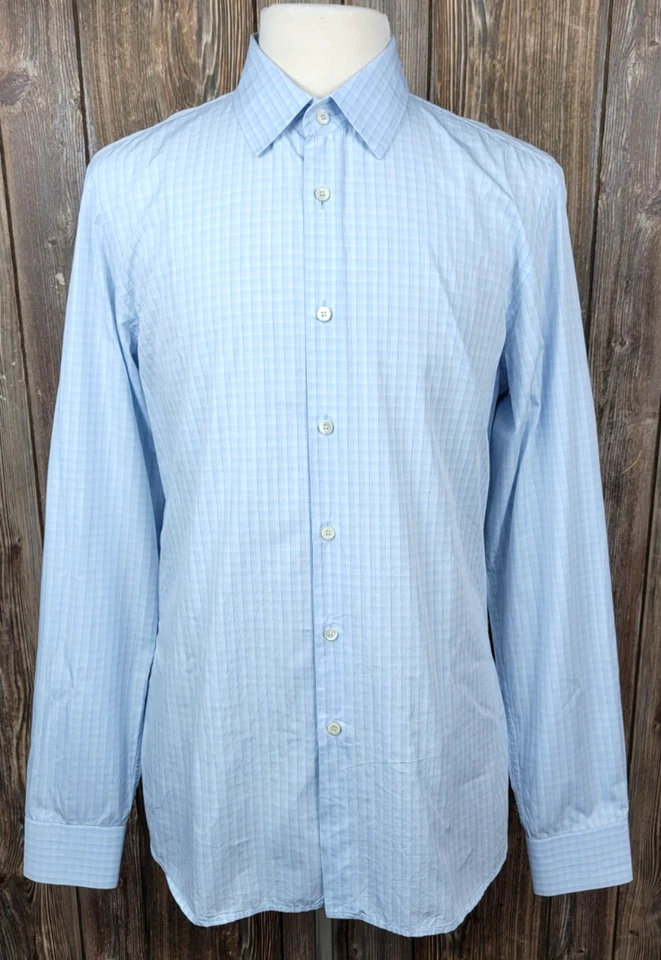 Camisa de vestir Prada Milano abotonada a cuadros manga larga azul para hombre talla 43/17 Foto 4 de 4