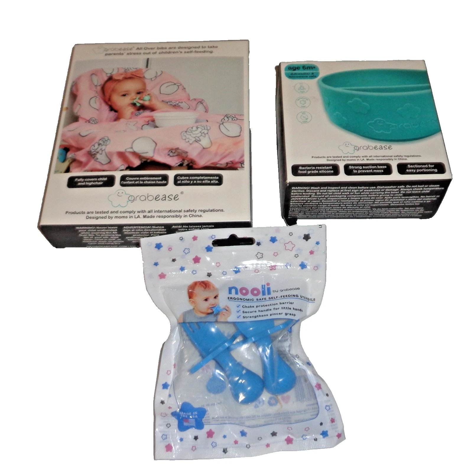 Grabease Set Of 3 Baby Utensils, Bowl & Bib High Chair Cover New