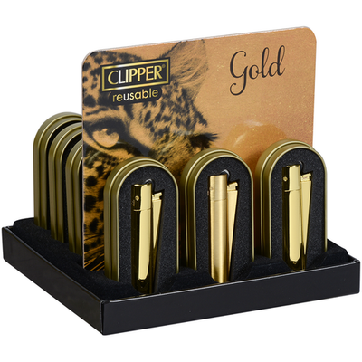Clipper Metal Lighter - Refillable, Includes Case. GOLD Display of 12  Lighters!