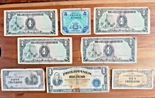 WW2 World War 2  Currency Bank Notes 8 pcs Japan France Philippines Military $$$