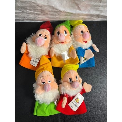 Disney Snow White Seven Dwarfs 50th Anniversary Plush Hand Puppet Set of 5 Vtg