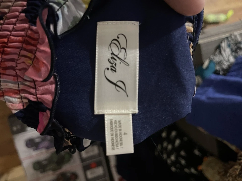 Women’s Eliza J Floral Ruffle Midi Dress Sz 4 Navy Blue - Image 3 of 4