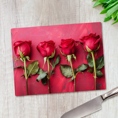 Vier einzelne rote Rosen Glas Hackbrett große Küche Arbeitsplatte Sparer 39 x 28 cm