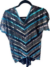 Vintage 80s Core Silk Sequin Top Black Silver Blue No Tag Size 10-12 See Desc
