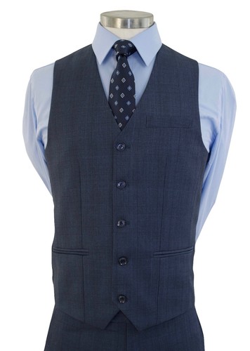 Men's Cool Blue Glen Plaid 3pc 2 Button Slim-Fit Suit w/ Matching Vest NEW - Picture 2 of 6