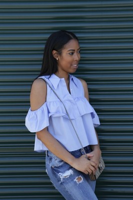 Top Zara à Volants Bleu En Poplin - Décolleté épaule Tombante - Neuf Avec étiquette