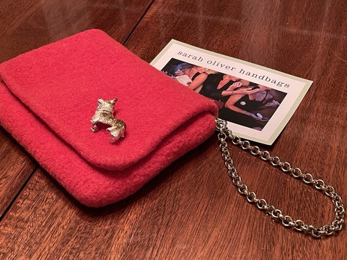 SARAH OLIVER HANDBAG Red Boiled Wool Gold Tone Dog BROOCH Wristlet Clutch Pouch - Picture 5 of 11