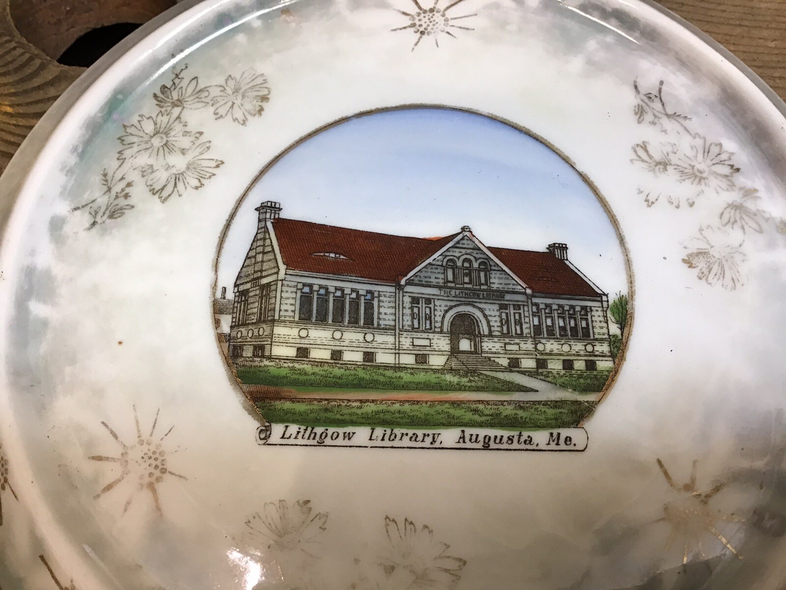 Vintage Porcelain Hot Plate Trivet Lithgow Library, Augusta ME, Made In