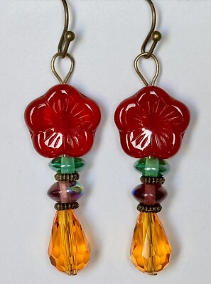 Bronze, Gold Teardrop and Red Flower Earrings. Bloom