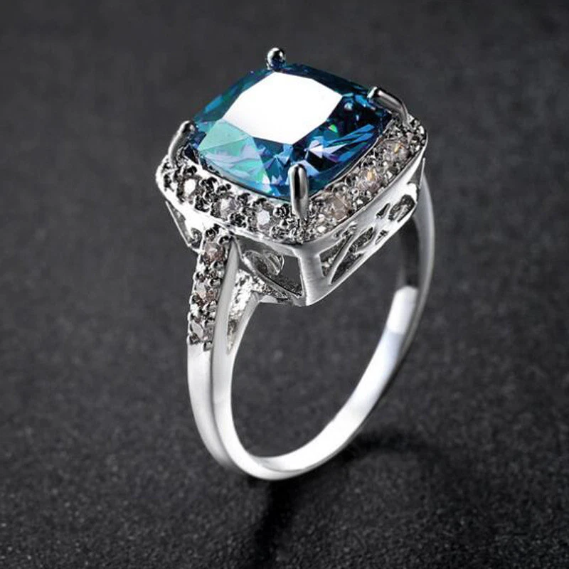 Huge Square Titanic Ocean Blue Topaz Zircone Silver Woman Wedding Ring Sz 6-10 - Image 4 of 4