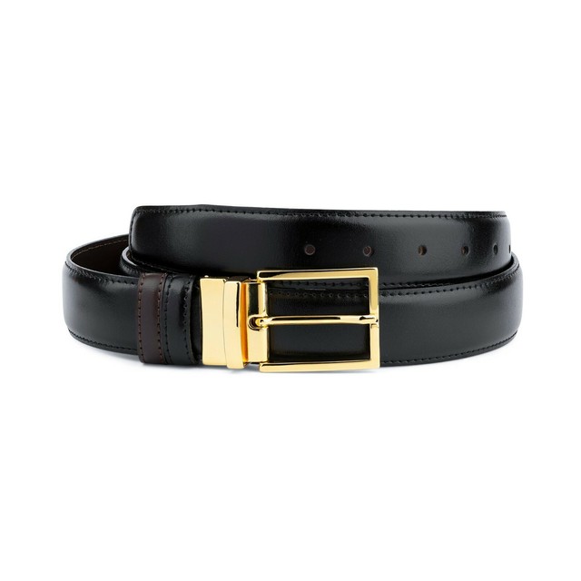 Reversible belt Mens belts with Gold buckle Dress Black brown 100% leather | eBay