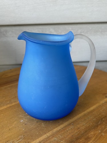 Vintage MCM Blue Frosted Satin Small Hand Blown Art Glass Pitcher 5”