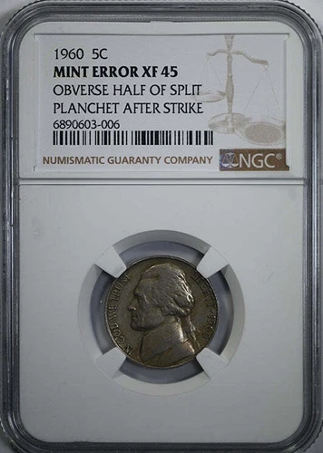 1960 Jefferson Nickel 5C NGC XF45 - Mint Error Obverse Half of Split Planchet