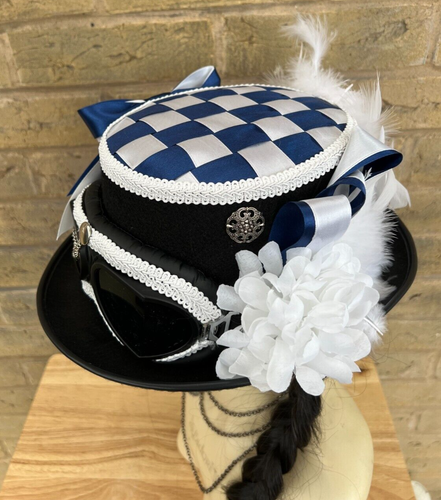 Black Navy White Steampunk Top Hat Feathers Checkered Goggles Keys 57cm (39)