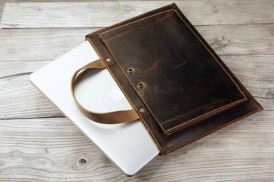 Bolso para portátil pequeño ligero de cuero cosido a mano portafolio Foto 2 de 4