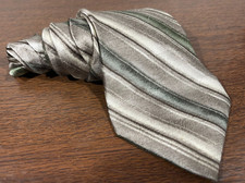 Pierre Cardin Neck Tie - 100% Silk - Made in USA - Green Beige Gray Stripes