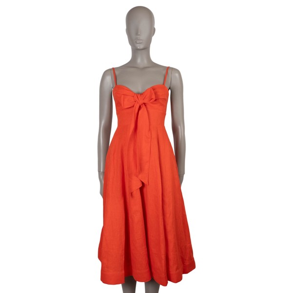 74076 authentisches ZIMMERMANN korallenrot Leinen 2025 CRUSH BOW MIDI Kleid 0 XS
